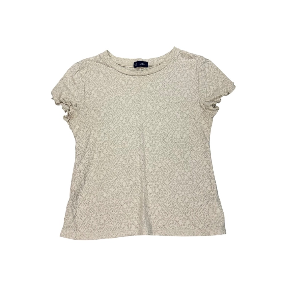 Gap Womens Beige Pointelle Knit Short Sleeve Lettuce Edge Top XS